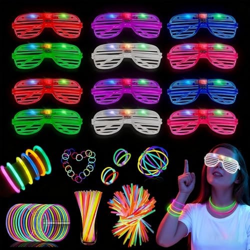 Knicklichter Party Set 62 Stück, 12 LED Brillen, 50 Neon-Leuchtstäbe | Glow Sticks, Led Brillen für Party Leuchtbrille für Weihnachten, Karneval, Geburtstagsfeier