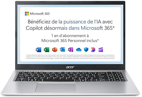 Acer Aspire 1 A115-32-C3AK Ordinateur Portable 15.6 FHD (Intel® Celeron® N4500, Ram 4 Go, 128 Go eMMC, Intel UHD Graphic, Windows 11) - Clavier AZERTY, Laptop Gris + Microsoft 365 Personnel Inclus