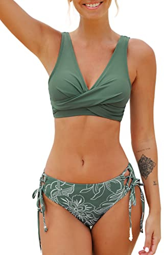CUPSHE Damen Bikini Set Wickeloptik Blumenmuster Low Rise Schnürung