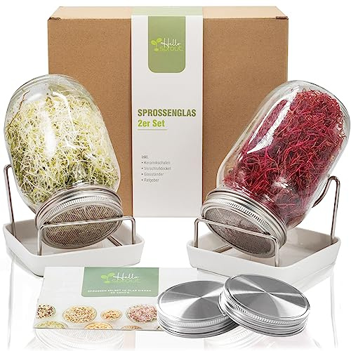 hellosprout® Sprossenglas mit rostfreiem Edelstahlgitter | 12,5 x 12,5 x 16cm | 2X 1000 ml | Keimglas zum Sprossen ziehen | Sprossen Anzuchtset für Keimsprossen | Microgreens | Kressesieb