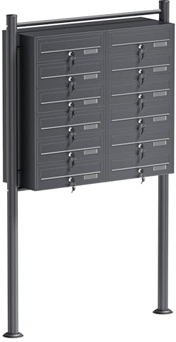 Wiltec 12er Briefkastenanlage Anthrazit 945 x 270 x 1500 mm, Standbriefkasten mit 2x6 Fächern, Schlüssel und Namensschild, Briefkasten Postkasten mit Ständer