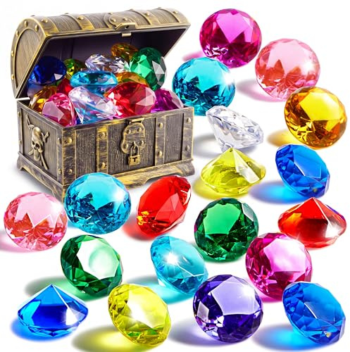 Sloosh Tauch-Edelsteine, Pool-Spielzeug, 16 große bunte Diamanten mit Piraten-Schatztruhe, Schwimmspielzeug für Kinder, Unterwasser-Edelstein, Schwimmtraining, Geschenk, Wasserpool-Spiele (Gold)