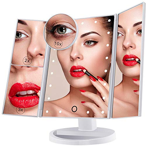 Nestling Drievoudig Opvouwbare Make-up Spiegel met 21 LED Verlichting, Vergrotspiegel met Upto 10x Vergroting, 180° Roterend, Wit