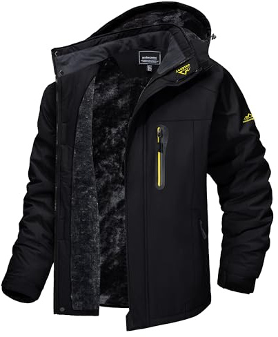 MAGCOMSEN Herren Winter Fleecejacke Warme Gefüttert Skijacke Outdoor Winddicht Wasserdicht Jacke Verdickt Funktionsjacke mit Abnehmbarer Kapuze für Wandern Camping