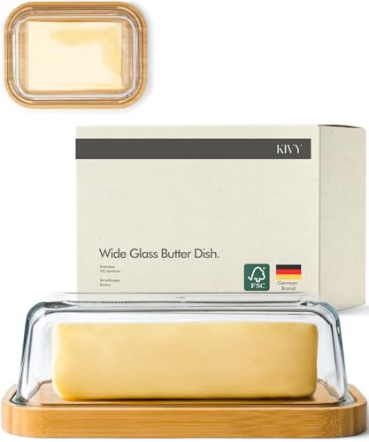 KIVY Butterdose Glas mit luftdichtem Deckel für streichzarte Butter - BPA Frei - Butterdosen - Butter dish - Butterschale mit Deckel - Butterdose mit Deckel - Butter Box Dose - Butterbox Bambus Holz