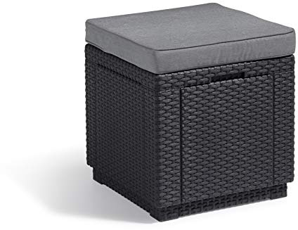Allibert by Keter Cube Hocker mit Stauraum, grau, inkl. Kissen, Deckel abnehmbar, flache Rattanoptik, wetterfest, 42x42x39cm