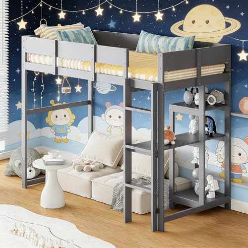 Ball & Cast Loft Bed (90x200cm) mit Lagerregal, Holzerner Bettgestell mit Leiter und Geländer, Einfach und Zeitsparend Montierbar, Stabil & Rauschlos, Grau