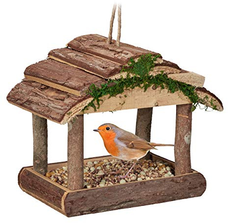 Relaxdays Vogelfutterhaus Holz, zum Aufhängen, HBT: 19 x 22 x 16,5 cm, Garten, Vogelfutterspender für Kleinvögel, Natur
