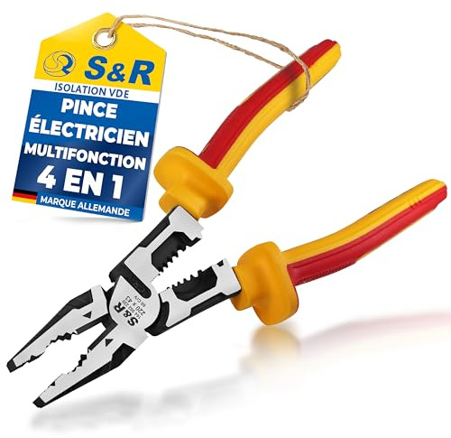 S&R Kombizange 220mm VDE-isoliert 1000V, Elektrikerzange 60CrV-Stahl gesenkgeschmiedet, Universalzange Profi für Kupfer Aluminium Draht AWG10-18