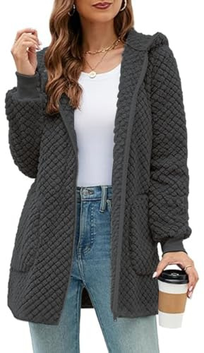 ABINGOO Damen Winter Teddy Fleecejacke Lang Mantel Kuschel Übergangsjacke | Flauschig Plüschjacke Warme Winterjacke Reißverschluss Hoodie Kuscheljacke Wintermantel mit Kapuze und Taschen