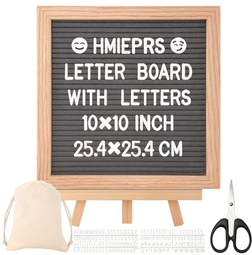 HMIEPRS Filz Buchstabentafel mit Holzständer, 25 x 25 cm 340 Buchstaben Grau Filz Letter Board mit Schere & Taschen, Eiche Letterboard für Menüs Babyankündigungen Hochzeiten Party Büro Dekor