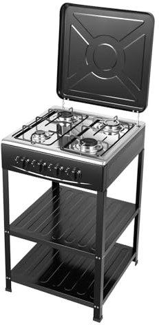 soudesileim Freistehend Gaskochfeld 4 Flammig mit Abnehmbare Abdeckung, Anti-Rutsch-Füße, Wärmeableitungslöcher, 49x49x79cm, NG/LPG, Gasherd, Gaskocher Outdoor, Campingkocher (Schwarz)