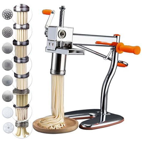 SXSJMY Nudelmaschine mit 8 Stahl-Formen | Ideal für Maccheroni, Fettuccine & Tagliolini | 30-Sekunden Schnellpresse mit Reinigungsbürste für den Haushalt
