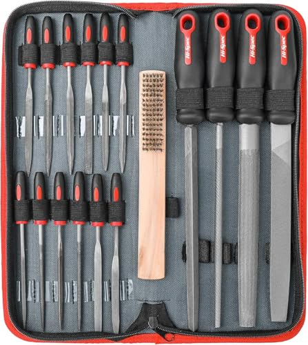 Hi-Spec Feilenset aus Karbonstahl für Holz, Metall, mit Aufbewahrungstasche | 17-tlg., Profi-Feilen 200 mm + Mikro-Feilen 140 mm, gehärtet HRC 62-65, PP-Griffe, Reinigungsbürste, wasserdichte Tasche