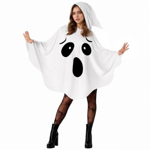 Beafaeur Weißes Geistercape mit Kapuze | Halloween Kostüm Erwachsene Geist Kostüm Damen für Halloween Feiern Horror Cosplay Kostüm