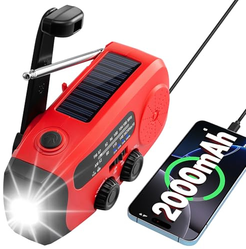 Kurbelradio, 2000mAh Notfallradio Solar Radio Power Bank, AM/FM Radio batteriebetrieben Notfall ausrüstung with USB Handy Lader und Taschenlampe, SOS Alarm für Survival, Ourdoor, Camping