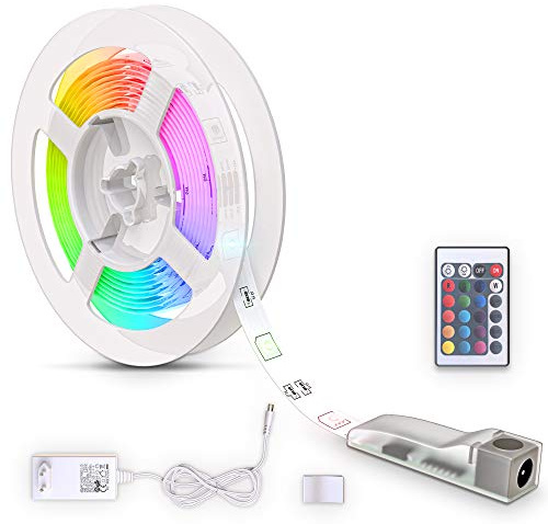 B.K.Licht - LED Strip 3m mit Fernbedienung, buntes RGB Licht, dimmbar, selbstklebend, LED Streifen, Leiste, Gaming Deko, Band, Lichtleiste, Lichtschlauch, Beleuchtung, 30x1x0,2 cm, Weiß