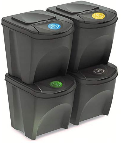 rg-vertrieb Mülltrennsystem 4-fach 100L (4x25L) Sortibox Grau – Stapelbare Mülleimer Küche mit Bunten Deckeln – Platzsparender Abfalleimer Kunststoff, Recycling System inkl. Aufkleber