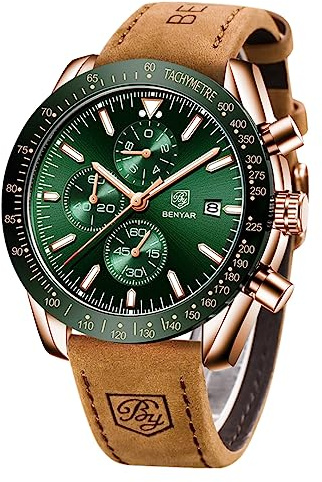 BENYAR by Herren Analoger Chronograph Quarzuhr 30M Wasserdicht Leuchtende Datumsanzeige Freizeituhr Sport Lederuhr.