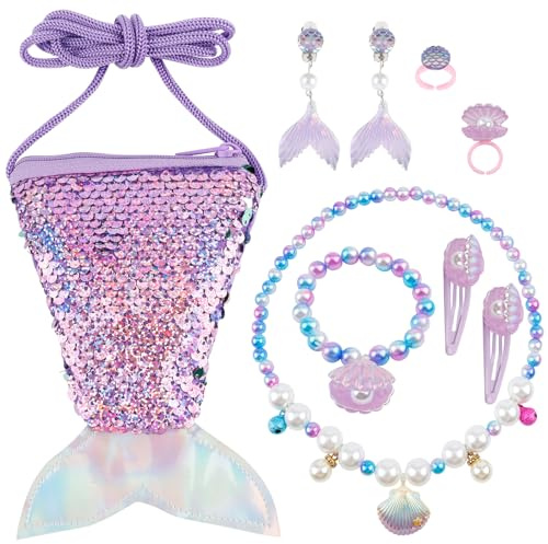 Nswayy 9 Pcs Meerjungfrau Kinder Schmuckset, Schmuckkästchen Klein Meerjungfrauenflosse Tasche Halsketten Ohrringe Armbänder Ringe Geschenke für Mädchen