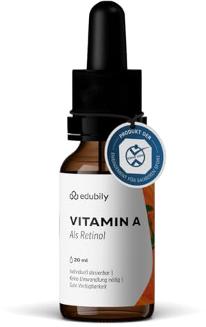 edubily® Vitamin A Retinol Öl - Vitamin A Tropfen als Retinol für die tägliche Ergänzungsroutine - mit 2000 I.E. Retinylacetat pro Portion - Laborgeprüft - 5 Pipettentropfen täglich (20 ml, vegan)