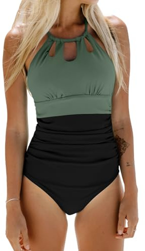CUPSHE Damen Badeanzug High Neck Zierausschnitten Raffung Bauchweg | Strandmode Einteilige Bademode, Glattes Stretchmaterial, Verstellbare Bänder, Raffungen an der Taille, Volle Abdeckung