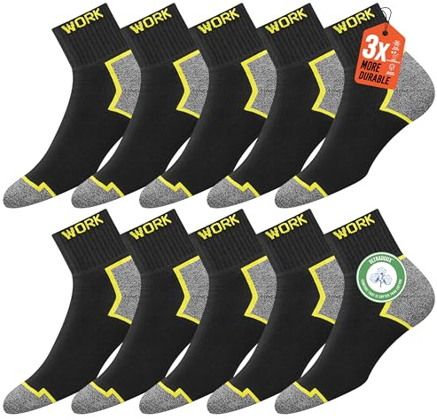 SOXCO 10 Paar Kurze Arbeitssocken Herren Schwarz | Gepolsterte Kurzsocken | DRI-WIK Feuchtigkeitsmanagement | Verstärkte Ferse & Spitze | Dura-Stretch Elastan | Größen 39-42, 43-46, 47-49