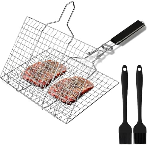 Nuangoo Grillkorb Edelstahl-Grill mit 2 Silikonbürsten, Fischbräter Set, Faltbar, Griff abnehmbar, Grillen im Freien geeignet