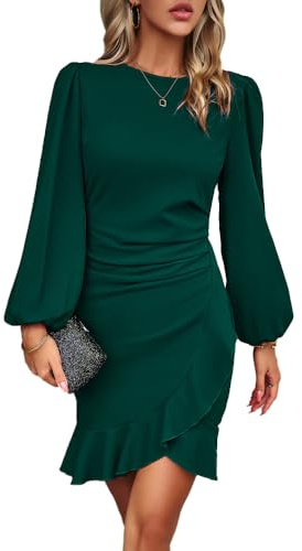 RPAEOY Damen Kleid Elegant Langarm Rüschen Bodycon Puffärmel Kurz Kleider Vintage Formal Dress Bleistiftkleid für Cocktail Abend Büro Sommer Herbst