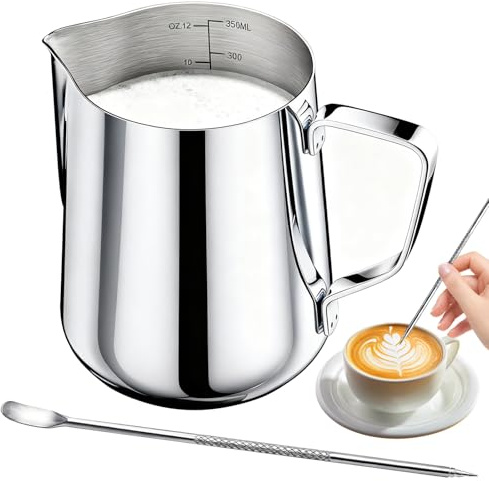 Tbintul 350ml/12oz Edelstahl Milchkännchen, Handheld Milchaufschäumer mit Dekorationsstift & Skala, Milchkanne Barista, Milchkanne Ideale für Espresso, Cappuccino, Latte, Silber