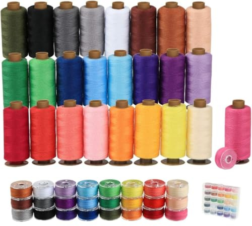 25-teilig Nähgarn Sortiment Set, 400 Yard Nähmaschinengarn je Garnrollen und 25 Unterfadenspulen Qualitätsgarn Overlock Garn für Overlock-Nähmaschinen
