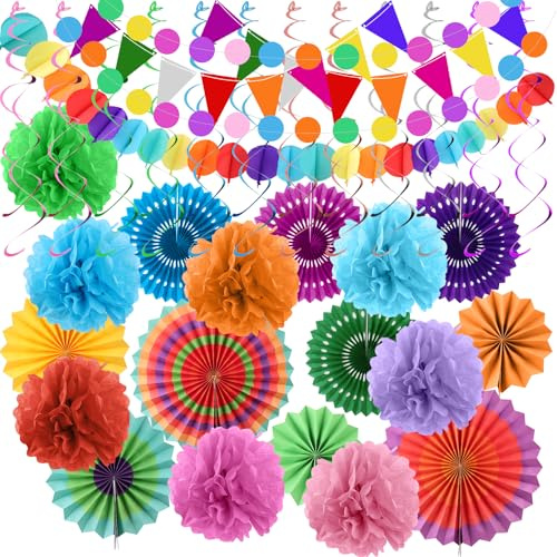 Party Dekoration Papier Pompoms, Bunt Party Dekoration Papier, 47 teiliges Papierfächer Party Dekorationsset für Party Hochzeit Geburtstag Graduierung Deko Weihnachten Karneval