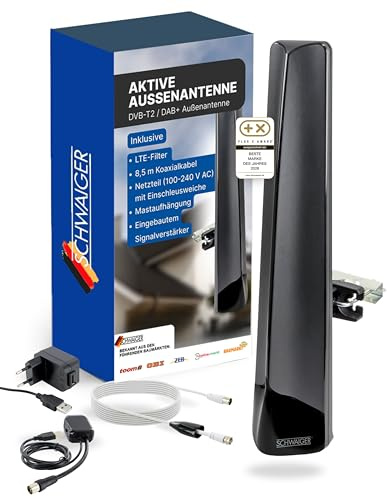 SCHWAIGER Aktive Außenantenne I Schwarz I DVBT2 DAB Aussenantenne aktiv mit Breitbandverstärker I wetterfest & UV-beständig I DVB-T2 DAB+ Antenne für digitales Fernsehen & Radio I inkl. LTE-Filter