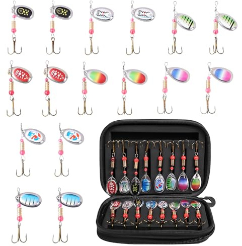 Vicloon Kunstköder Spinner Blinker Set,16 Stücke Kunstköder Spinner Angeln,Pailletten Kunstköder mit Aufbewahrungsbox für Forelle, Barsch, Zander,Lachs, Hecht, Walleye