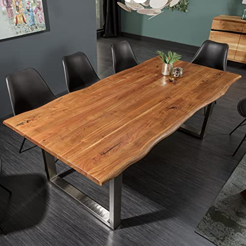 invicta INTERIOR Massiver Baumstamm Esstisch Mammut Nature 160cm Akazie Edelstahl Kufen 3,5cm Dicke Tischplatte Akazienholz Konferenztisch Tisch Baumkante