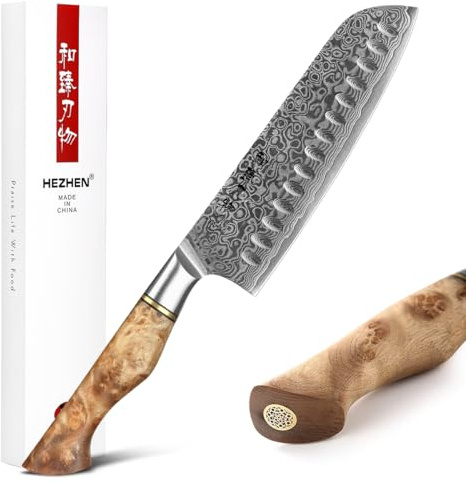 HEZHEN Damast Santoku Messer, Asiatisches Küchenmesser Japanischer Stil, Figaro Bergahorn Holzgriff