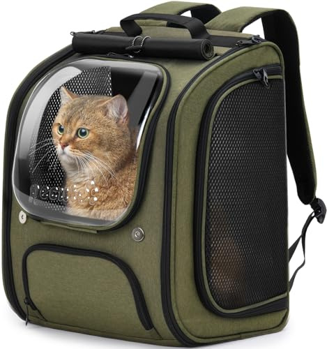pecute Katzenrucksack Bubble Haustier Rucksack mit Netzfenster, Tragbare und Faltbare Katzentasche, Atmungsaktive und Leichte Hundetasche für Hunde Katzen Haustiere, Dunkelgrün (42 * 32 * 26cm)