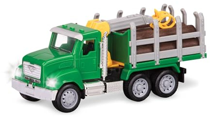 Driven by Battat Holztransport-LKW, Micro mit Licht und Geräuschen | Mit 9 Spielzeugstämmen, Kranarm mit Klaue, kippbarer Ladefläche und beweglichen Teilen, Holztransport-Spiel, 3+ Jahre