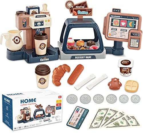 Kaffeemaschine Spielzeug Rollenspiel Küchenzubehör Spielset mit Kaffeemaschine Kinder Registrierkasse Spielzeug Lebensmittel Nachtisch Donuts Kuchen Set Frühes Lernspielzeug für Kinder Geburtstag