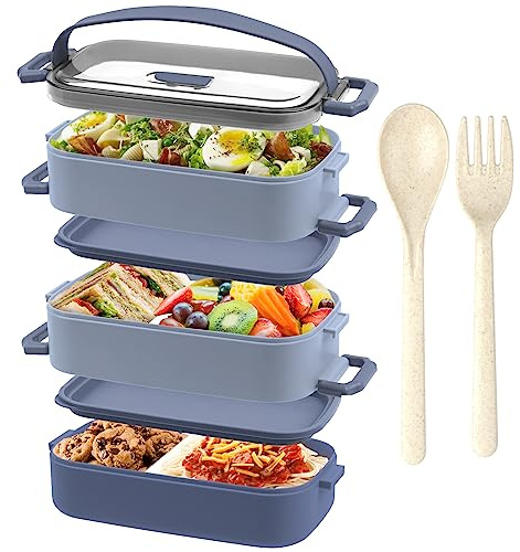 3 Etagen Lunchbox für Erwachsene, 2200 ml Brotdose mit 3 Trennwände, Stapelbare Bento Box mit Griff & Besteck, auslaufsicher, BPA-frei, mikrowellen- und spülmaschinenfest, blau, ohne Edelstahl Inner