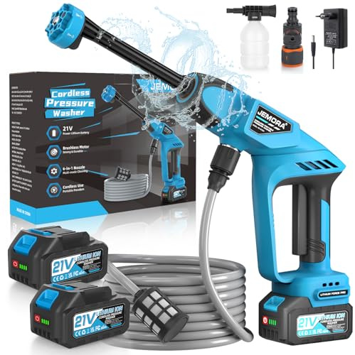 Akku Hochdruckreiniger, Mobiler Hochdruckreiniger mit 2 Akku, Pressure Washer mit 6-In-1 Multifunktionale, akku druckreiniger für Auto, Terrasse, Rasen (Blau-1)