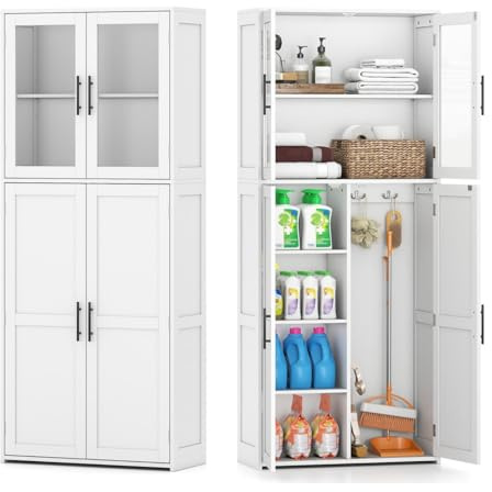 LIFEZEAL Mehrzweckschrank Weiß, Besenschrank Vorratsschrank mit Staubsaugerfach, Regalen und Haken, Putzschrank Haushaltsschrank Organizer für Besen und Mopps, 70 x 30 x 168 cm