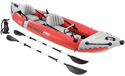 INTEX "Excursion Pro K2" Kajak aufblasbar 2 Person max 180 kg (384x94x46cm) Kanu aufblasbar Set mit 2x Alupaddel & Pumpe, inkl. Halterung für Handy oder Action-Cam, rot-weiß (68309NP)