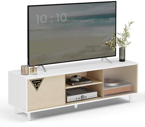 VASAGLE TV-Schrank Lowboard, Snapsemble – superschnelle Montage, Fernsehtisch für Fernseher bis 32/45/50/55/60 Zoll, Modernes Design, Wohnzimmer, Riffelglas, 140 x 39 x 45 cm, Weiß LTV466W01