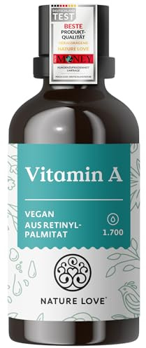 Nature Love Vitamin A Tropfen – 50 ml (1.700 Tropfen) - Retinol aus Retinylpalmitat in MCT-Öl - ohne unnötige Zusätze - Hochdosiert, vegan, laborgeprüft und in Deutschland produziert