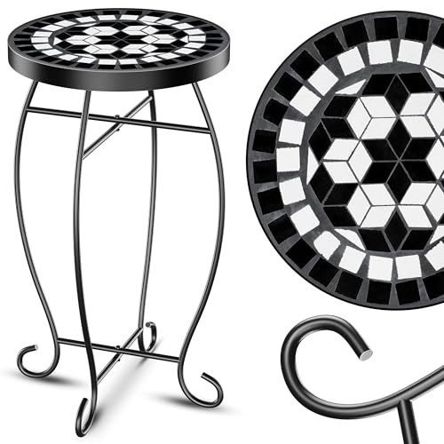 KESSER® Mosaiktisch Bistrotische Blumenhocker Rund 60 x 34 cm Metall Mosaik Beistelltisch Balkontisch Gartentische Terrassentisch Balkon Steinmosaik Garten Gartentisch Indoor Outdoor, Tetragon