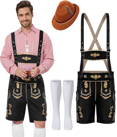 Solorass Lederhose Herren Tracht Set Oktoberfest Herren Outfit Trachtenhose Trachtenset Komplett Bayrische Kostüm mit Lederhose, Socken, Hut für Cosplay Party Karneval (Schwarz, M)