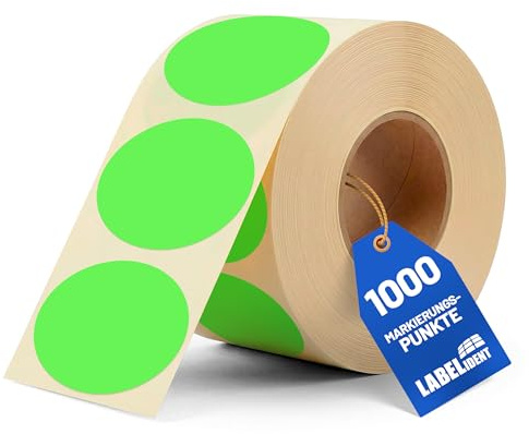 Labelident Markierungspunkte, Klebepunkte neongrün - Ø 50 mm - 1.000 bunte Papieraufkleber auf 1 Rolle/n, Inventuretiketten selbstklebend