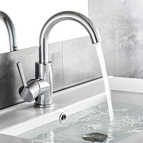 Auralum Wasserhahn Bad Hochdruck Armature mit hohem, schwenkbarem Auslauf | 360° drehbar Waschtischarmatur hoch, Strahlregler abnehmbar, Auslaufhöhe 147mm, zur Verwendung mit Durchlauferhitzern, Chromt