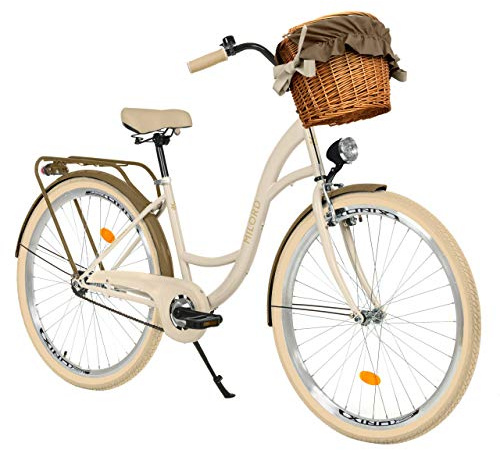 MILORD. 28 Zoll 1-Gang Creme-braun Komfort Fahrrad mit Korb und Rückenträger, Hollandrad, Damenfahrrad, Citybike, Cityrad, Retro, Vintage
